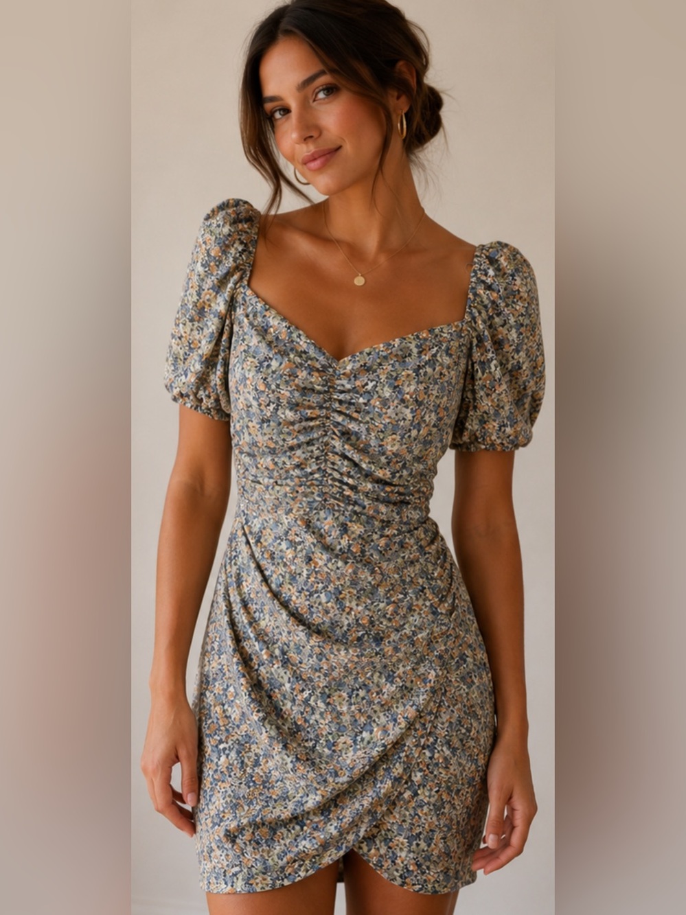 Astr Floral Ruched Puff-Sleeve Midi Dress in Blue and Tan